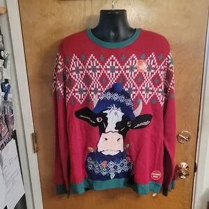 NWT Holiday Time Ugly Christmas Sweater Lights Up Unisex XXL Cow Cottage